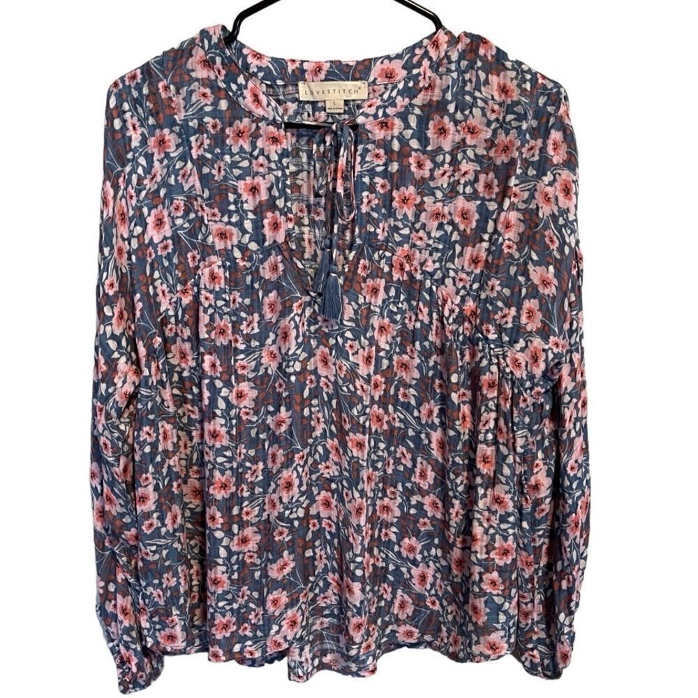Love Stitch- Navy Pink Floral Semi-Sheer Long Bubble Sleeve Blouse Tassels, Sz L